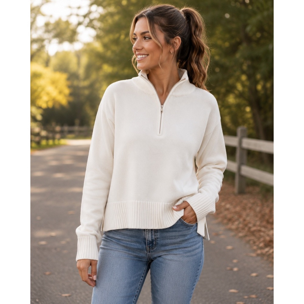 DKNY Quarter Zip Sweater Women Large Cream NEW Mock Neck Ribbed DJ5R0975